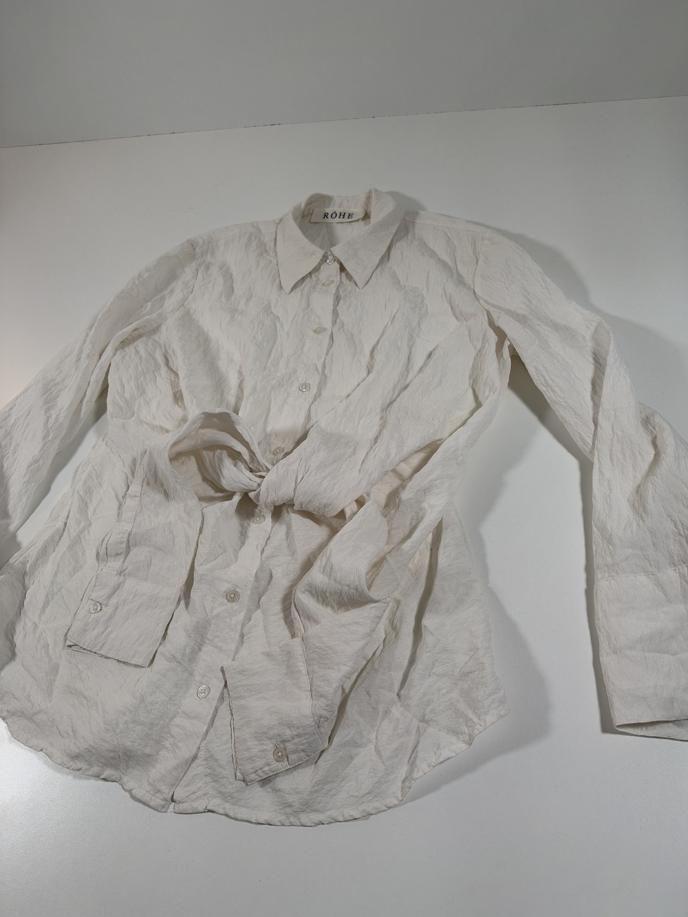 Rohe Blouse Womens 42 White Silk Nylon Belted Button Front Long Sleeve